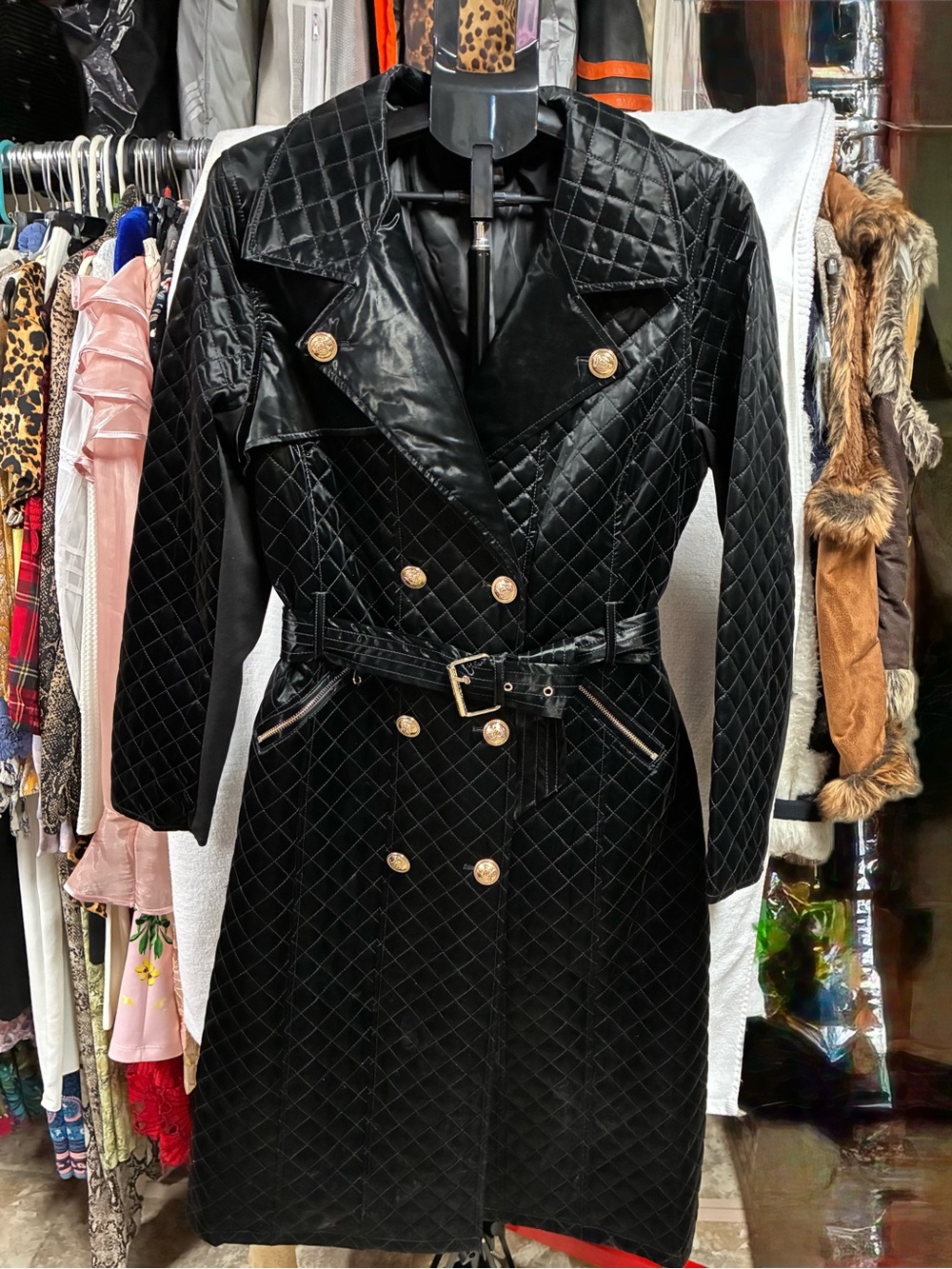 Black Quilted Double-Breasted Trench Coat with Belt gold buttons